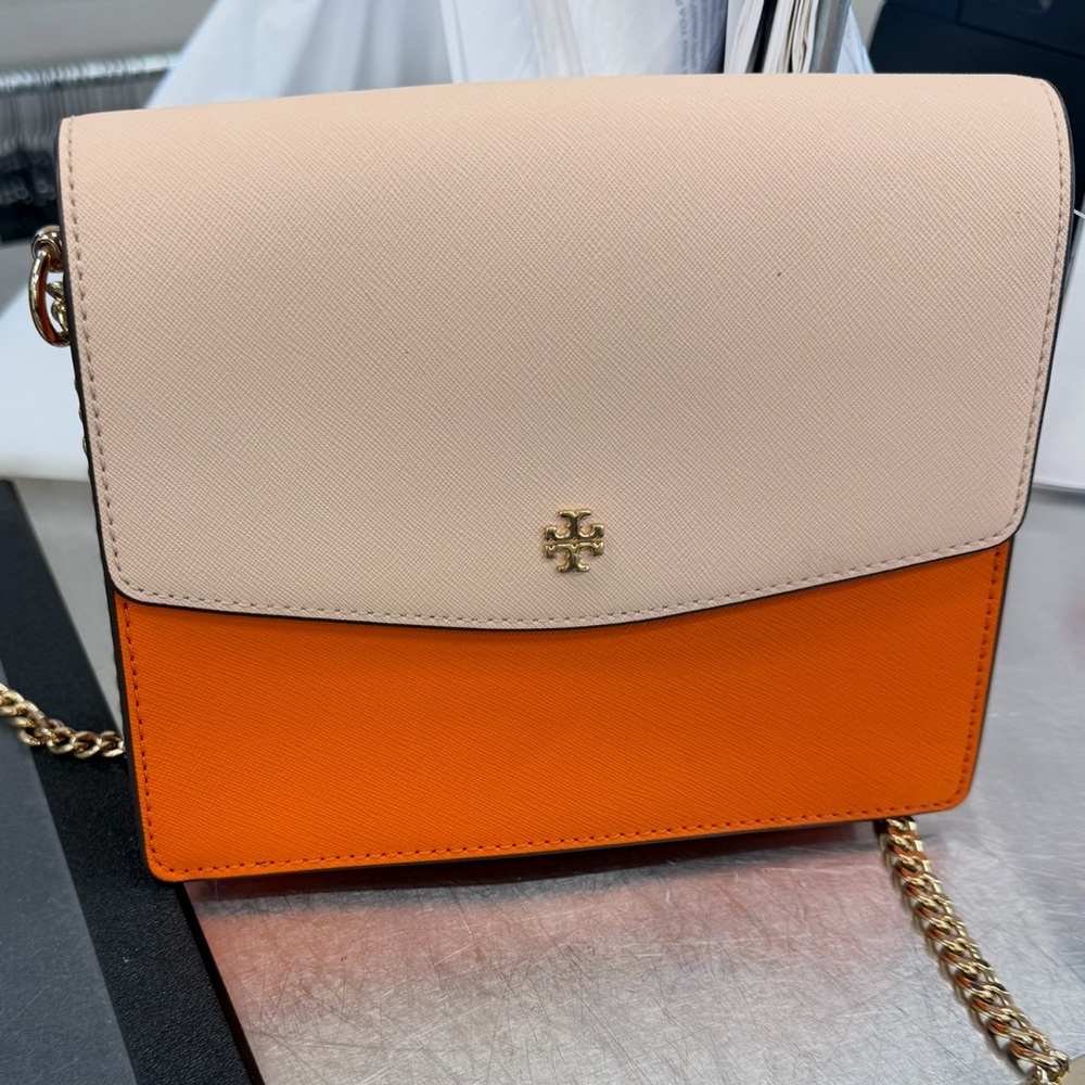 Tory Burch Orange & Cream Saffiano Leather Crossbody Bag  – Mint Condition